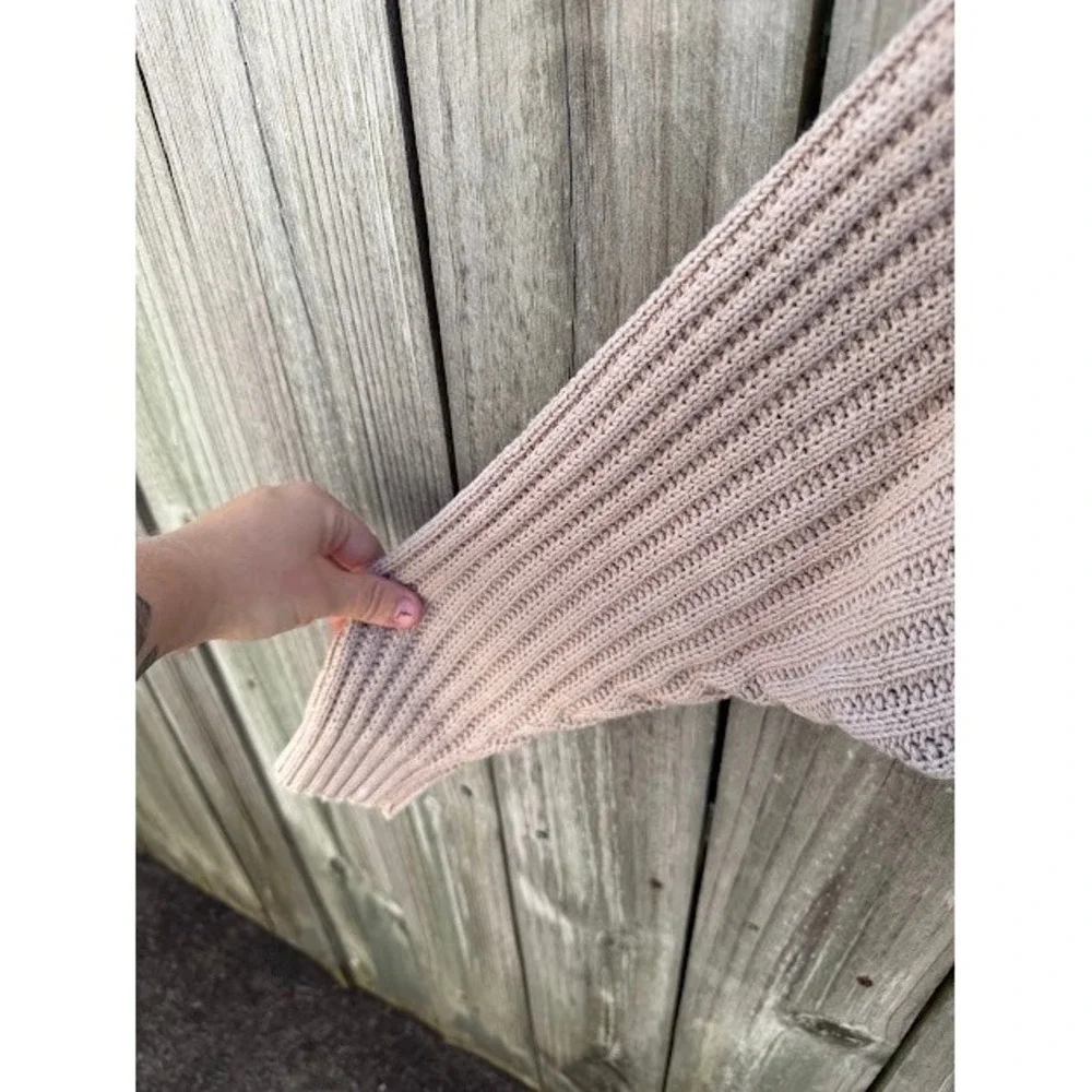 Vintage Coastal Minimalist Erika Sweater M Tan Ramie Cotton Henley Ribbed Knit